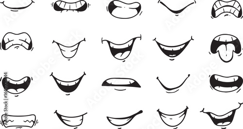 Comic mouth expressions: a diverse collection of hand-drawn cartoon mouths for various emotions.