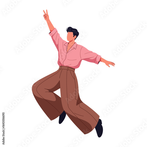 Joyful Attitude of a Man: The illustration showcases a vibrant man leaping in pure delight, his arm raised in a gesture of triumph, the other gracefully extended, radiating optimism and cheerful vibe.