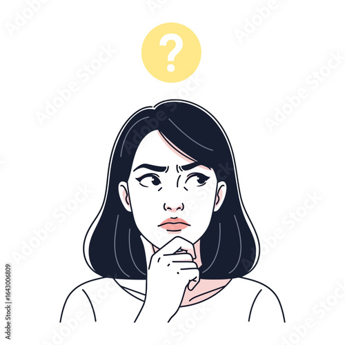 Uncertainty: An expressive woman with a contemplative look, a visual representation of doubt and question mark, reflecting themes of contemplation and pondering. 