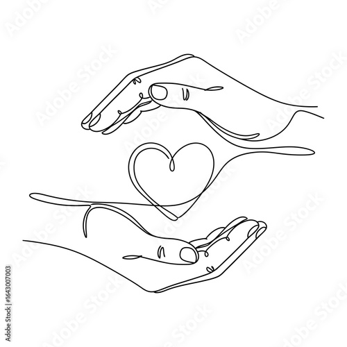 Art of Protection and Affection: A minimalist line art showcases two hands gently cradling a heart-shaped symbol. The image evokes feelings of care, security, and profound emotion.