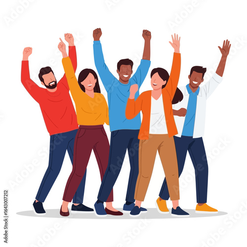 Unified Celebration: A vibrant illustration of a diverse group celebrating triumphantly, showcasing unity, collaboration, and the collective joy of success.