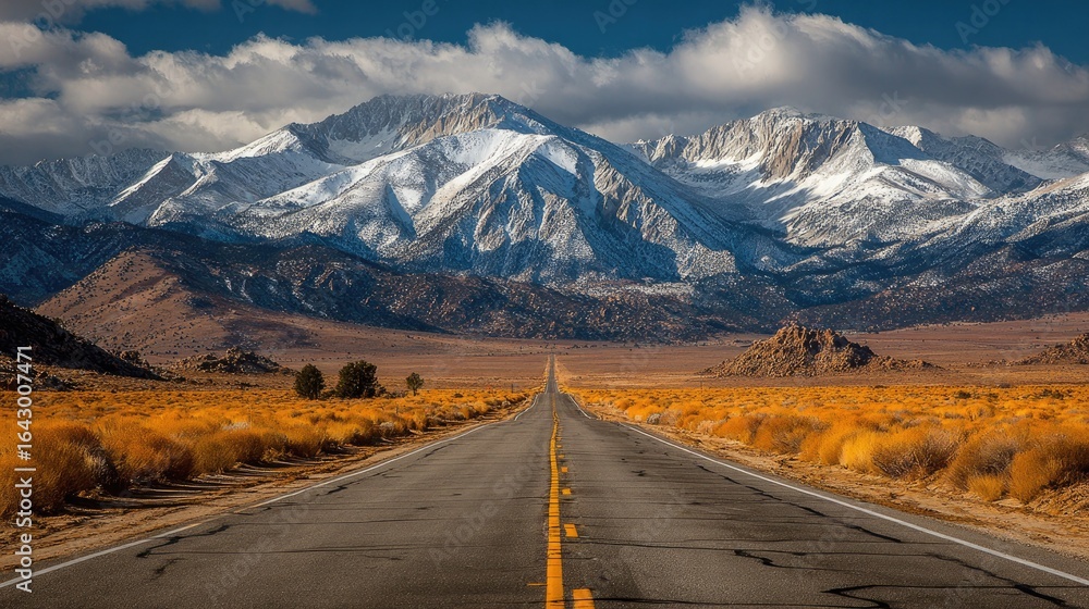 Fototapeta premium Open road vanishing into snow-capped mountains under a bright sky