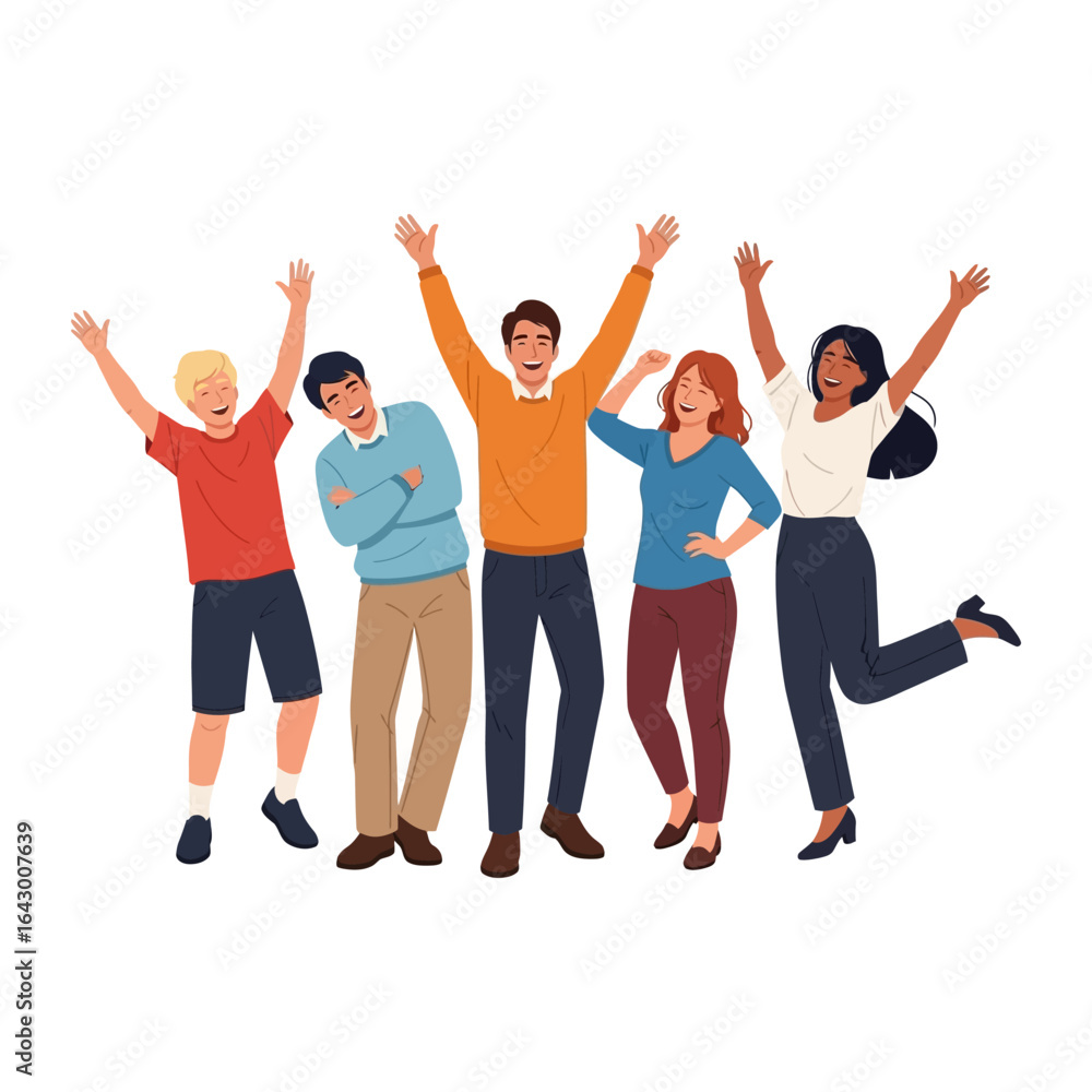 Fototapeta premium Celebrating Together: A group of diverse, jubilant individuals embraces a moment of pure joy, showcasing unity and happiness through vibrant illustrations. 