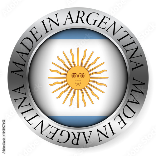 Made in Argentina button icon. Circular emblem with metallic border, glossy central flag, and bilingual label indicating product origin and international manufacturing identity.