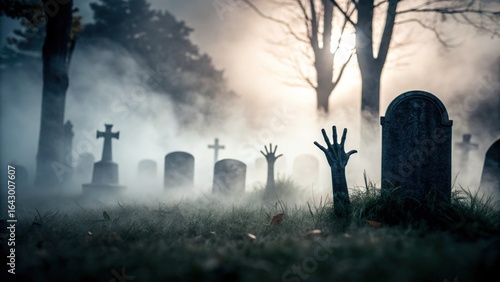 Zombie hand reaching out from the ground on dark scene background. Spooky graveyard with fog and eerie atmosphere.