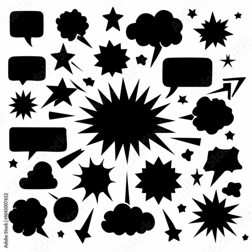 Comic burst explosion vector, comic boom elements, and speech bubbles in black silhouettes. 
