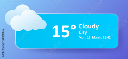 Weather forecast icon. White cloud on cyan background, no precipitation, temperature reading 15 degrees, label includes city name, date, and time
