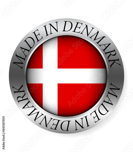 Made in Denmark button icon. Circular emblem with metallic border, glossy central flag, and bilingual label indicating product origin and international manufacturing identity.