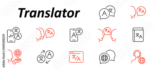 Translator set icon. Mobile apps, speech bubbles, heads, translation books, arrows, and browser tools related to multilingual communication in outline style with red and black contrast