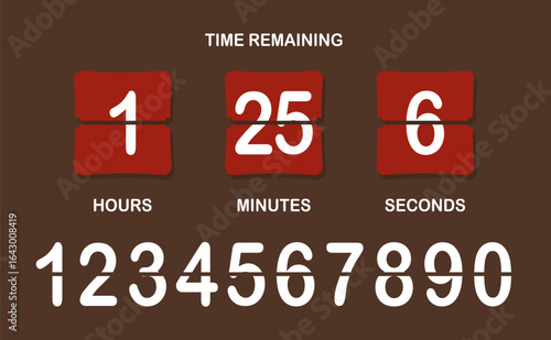 Countdown timer icon. Flip-style numeric display showing days, hours, minutes, seconds with brown background, bold split numbers, and a clear time-remaining header in white text.
