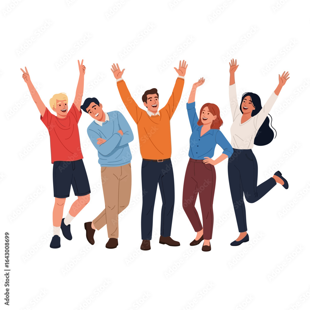 Fototapeta premium Joyful Team in Celebration: A vibrant illustration captures a diverse team ecstatically celebrating, arms raised in a symphony of happiness, their faces beaming with the glow of accomplishment.