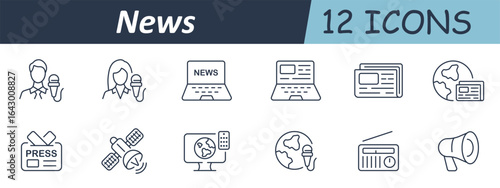 News set icon. Male and female reporters, microphones, press badge, laptop news screen, printed paper, satellite signal, radio speaker, megaphone alert, global report access