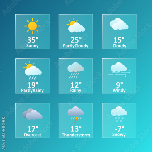 Weather condition icon set. Grid of square cards with temperature values and illustrated symbols for sunny, cloudy, windy, rainy, stormy, snowy, and mixed conditions on blue background.