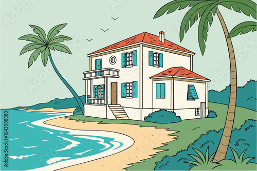 Tropical villa by the sea with palm trees	