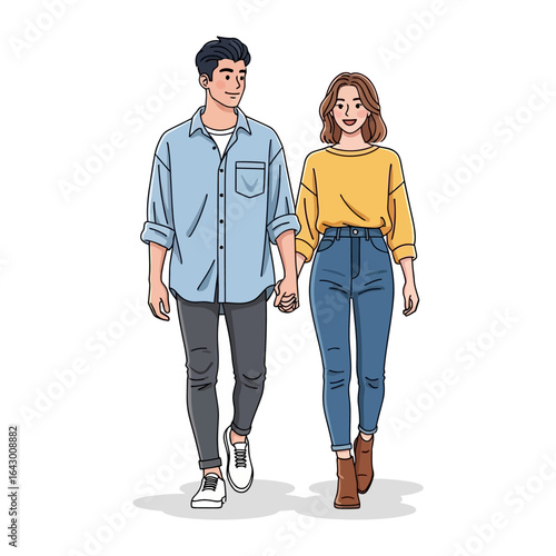 Romantic Stroll: A couple walks hand-in-hand, symbolizing connection and shared journey. Their casual attire and smiles portray love, companionship, and the promise of a shared future.