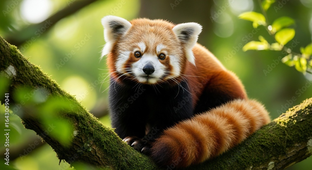 Fototapeta premium Adorable Red Panda Sitting on Tree Branch in Lush Green Forest