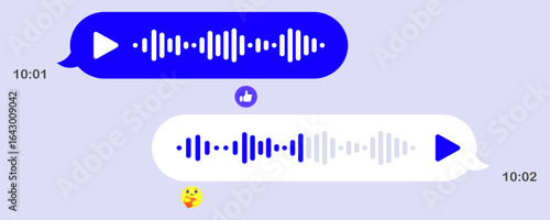 Voice chat icon. Audio messages in messenger, play button, waveform, chat bubbles, emoji reaction, like symbol, night interface, mobile screen, digital dialog, sound communication.