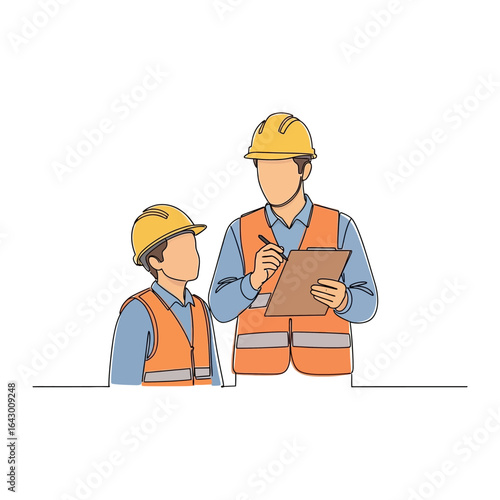 Construction Inspection Team: A linear depiction showcases a diligent inspector reviewing documentation with a trainee, both clad in safety gear and set against a clean backdrop.