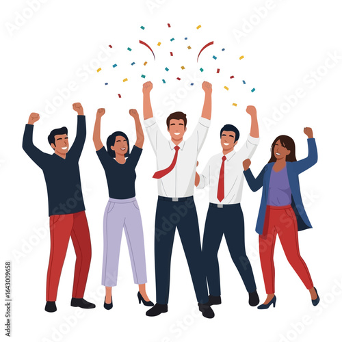 Victory in the Workplace: A team of animated colleagues joyfully celebrates a triumph, with confetti showering down, symbolizing achievement and collaboration. 