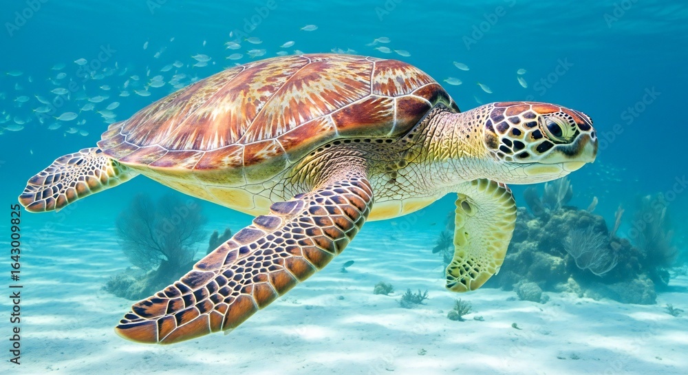 Fototapeta premium Majestic Sea Turtle Swimming Gracefully in Tropical Ocean Waters