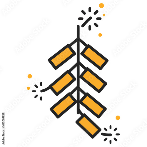 Illustration of a string of firecrackers, some lit and sparking, against a white background.