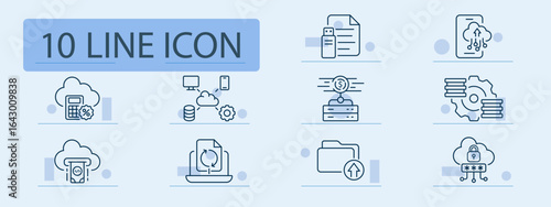 Cloud computing set icon. Line icons depict cloud storage, network, file transfer, financial transactions, security, synchronization, and device connection over digital platforms.