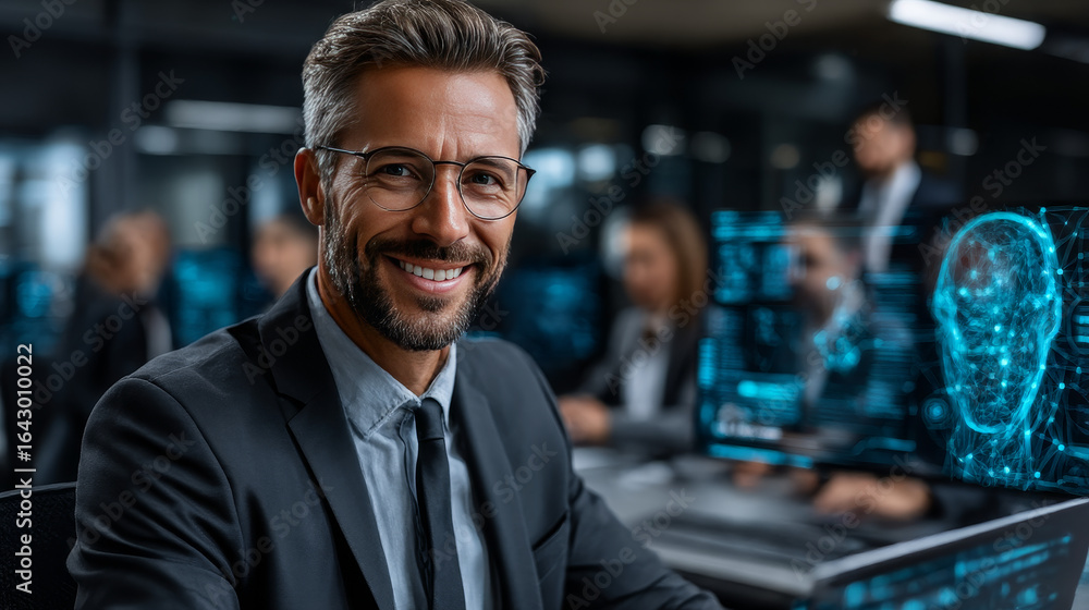 Fototapeta premium Businessman holds human resources network connecting icon representing recruitment, employee engagement, and organizational management, providing innovative HR solutions.