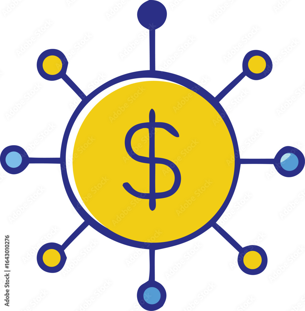 Stylized illustration of a golden coin with a prominent dollar sign at its center radiating outward with connecting nodes representing a network Stylized illustration of a golden coin with a prominent dollar sign at its center radiating outward with connecting nodes representing a network