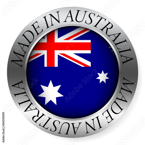 Made in Australia button icon. Circular emblem with metallic border, glossy central flag, and bilingual label indicating product origin and international manufacturing identity.