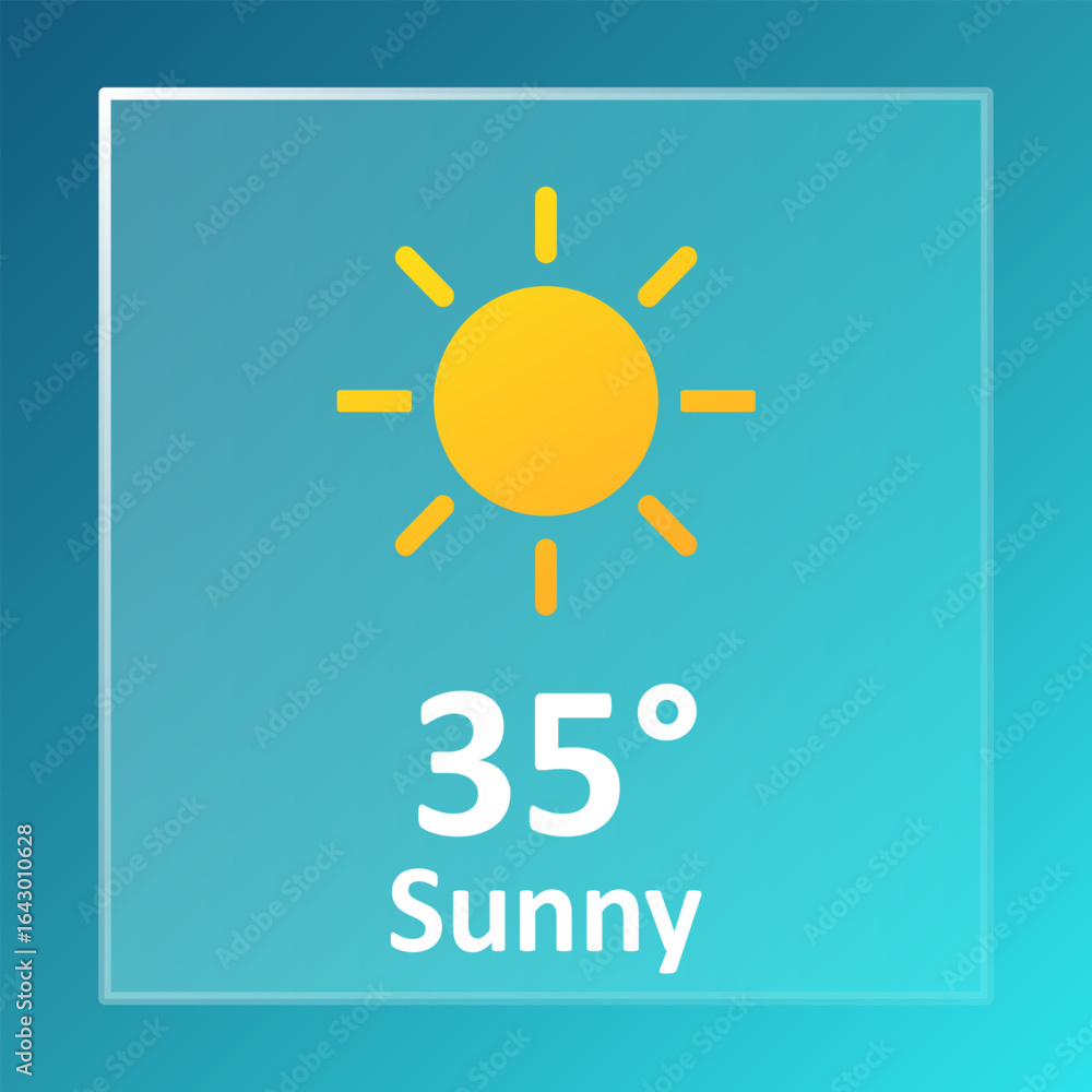 Fototapeta premium Sunny weather icon. Yellow sun with eight rays on blue background above temperature 35 and bold sunny label in white text at bottom.
