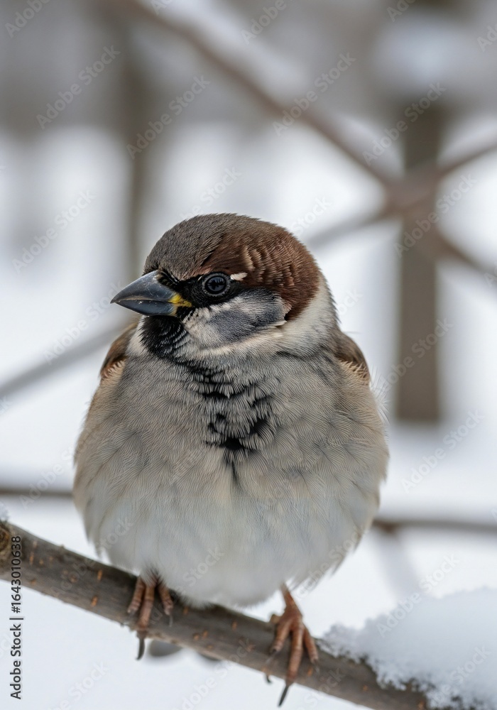 Fototapeta premium Charming House Sparrow Perched on a Snowy Branch in Wintertime