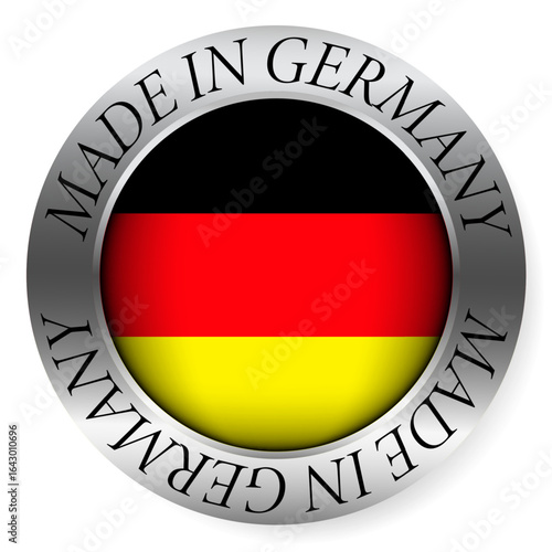 Made in Germany button icon. Circular emblem with metallic border, glossy central flag, and bilingual label indicating product origin and international manufacturing identity.