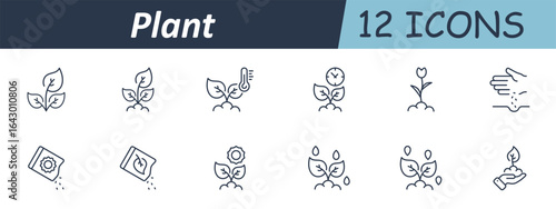 Plant set icon. Outline icons display seedlings, growth stages, soil, watering, seeding, temperature, sunlight, hand planting, seed packets, and blooming flower