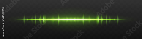 Audio bar. Glowing frequency wave with high intensity peaks and reflection. Suited for UI, music interface, sound visualization, digital signal.