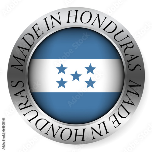 Made in Honduras button icon. Circular emblem with metallic border, glossy central flag, and bilingual label indicating product origin and international manufacturing identity.