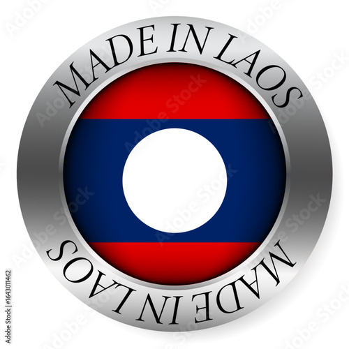 Made in Laos button icon. Circular emblem with metallic border, glossy central flag, and bilingual label indicating product origin and international manufacturing identity.
