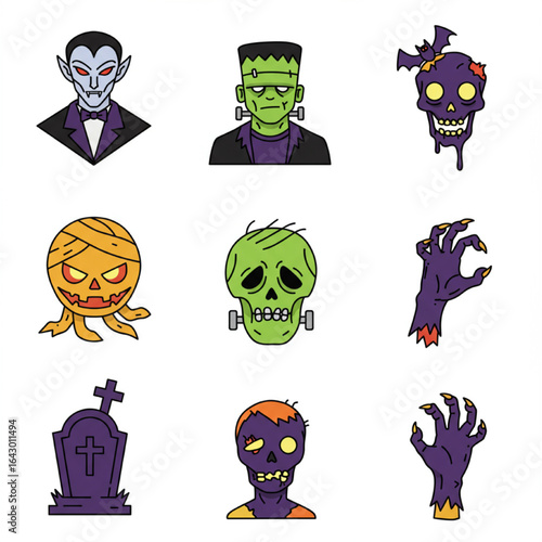 Nine colorful Halloween monster icons; Dracula, Frankenstein, zombie, skull, and hand illustrations.
