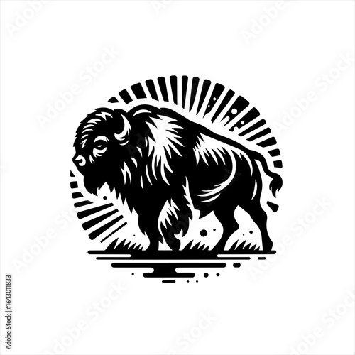 Stylized black and white bison silhouette with sunburst background