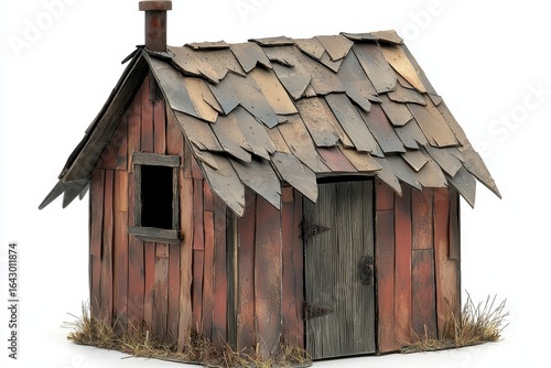 Dilapidated Red Wooden Shack with Rusty Metal Roof Against White Background
