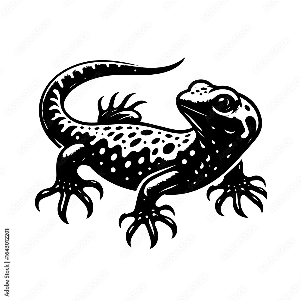 Obraz premium Black and white illustration of a spotted lizard with detailed claws and tail