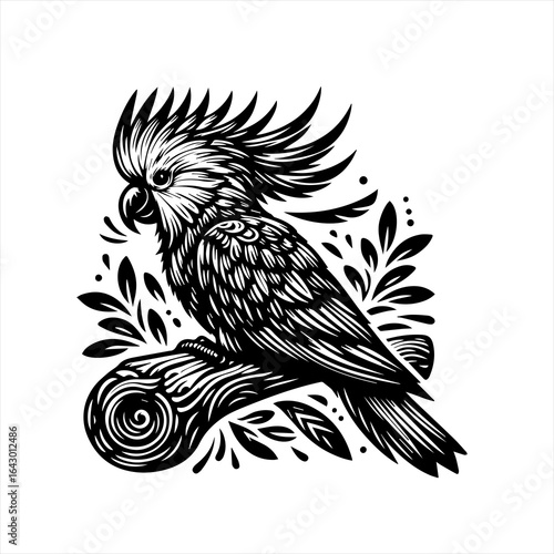 Stylized black and white cockatoo perched on a branch with leaves