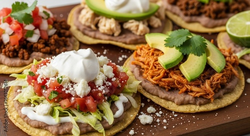Delicious tostadas with various toppings on a wooden board closeup