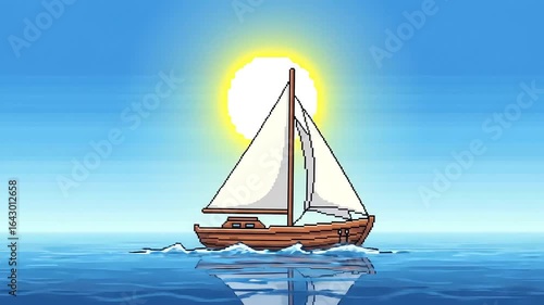 Pixel Art Sailboat on Sunny Ocean