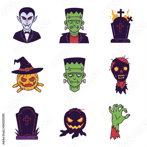 Set of diverse Halloween illustrations depicting classic monsters like vampires, Frankenstein, zombies, alongside spooky pumpkins and gravestones.