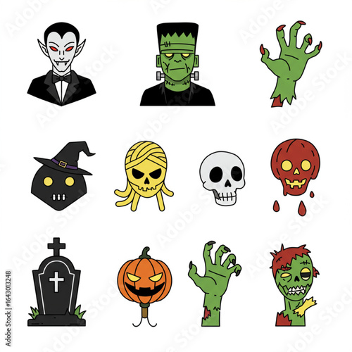 Various cartoon illustrations depicting classic Halloween monsters like a vampire, Frankenstein, zombies, and spooky symbols such as a jack-o'-lantern and tombstone.