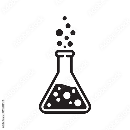 Erlenmeyer flask with bubbling liquid. Simple science lab chemistry icon for experiments and research.
