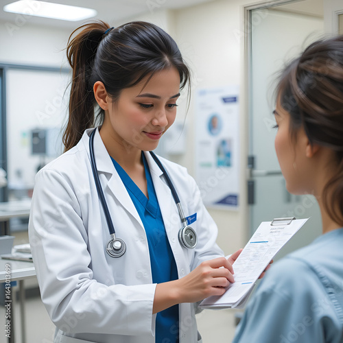 Doctor nurse followup data with medical examination document for patient health check in hospital or clinic.