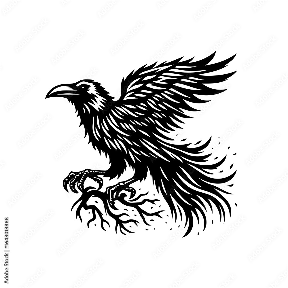 Obraz premium Stylized black raven perched on branches with wings outstretched