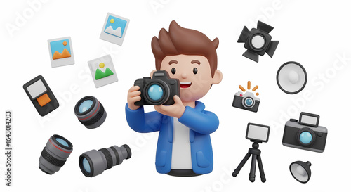 An inflatable 3D cartoon style illustration of a young photographer holding a camera, surrounded by various professional equipment.