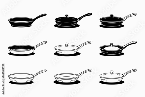 Collection of Various Frying Pans Skillets Illustration for Cooking Recipes and Kitchenware Black and White Design Elements for Culinary Themes and Cookbooks